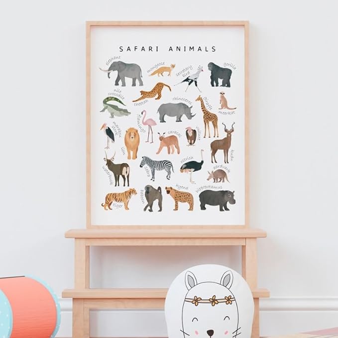 OZCONO Safari Animals Poster, Educational Jungle Chart for Kids, Playful Nursery Wall Decor, Montessori Learning, Homeschool Wildlife (Unframed) (12x18)