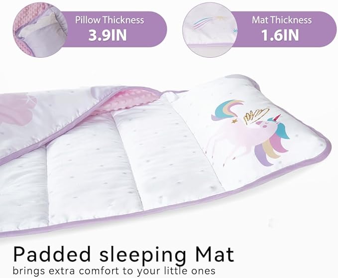 Toddler Nap Mat with Pillow and Minky Blanket 55''x35'' Toddler Sleeping Bag for Daycare, Preschool Travel Camping Mat Nap Mat for Boys and Girls