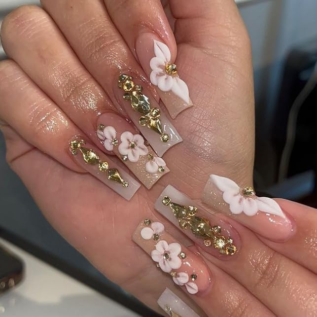 Nail Rhinestones - 3D Multi Shape Size, Flat Back, Manicure Rhinestones Charms, Champagne Gold Gems, with Kit, for Nail Art, Bedazzling Acrylic Nails, DIY Decor