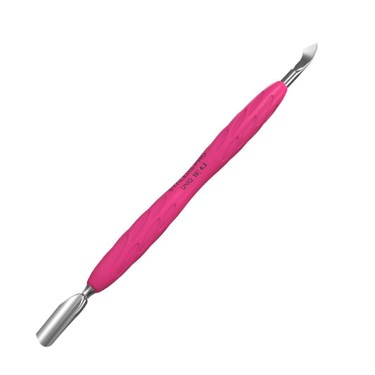 Staleks Manicure pusher Gummy with silicone handle UNIQ 10 TYPE 4.2 – Stainless Steel – Professional Cuticle Tool (rounded narrow pusher and bent blade)