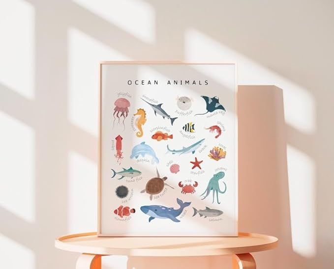 OZCONO Ocean Animals Learning Poster, Vibrant Sea Life Chart Kids, Preschool Wall Decor Art, Homeschool Education Guide (Unframed) (20x30)