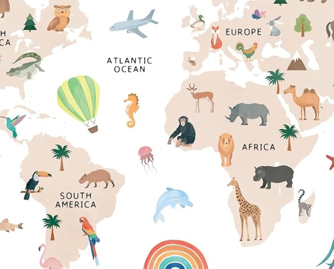OZCONO Animal World Map Poster, Kids Educational Geography Decor, Safari Animals Nursery Art, Montessori Learning Wall Print (Unframed) (27x40)