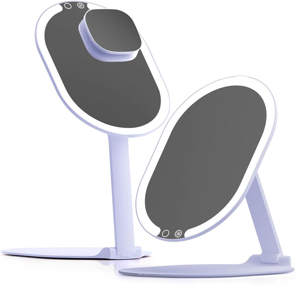 Fancii LED Rechargeable Portable Makeup Mirror with 3 Color Light Settings & 10x Magnetic Magnifying Mirror – Ultra Slim, Foldable Travel Vanity Mirror, 1500 mAh Battery, Height (Purple)