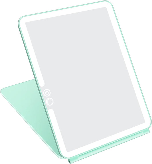 deweisn Folding Travel Mirror Lighted Makeup Mirror with 72 LEDs 3 Colors Light Modes, USB Rechargable, Portable, Ultra Thin, CompactVanity Mirror with Touch Screen Dimming for Cosmetic (Green)