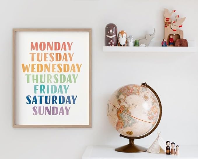 OZCONO Rainbow Days Week Poster, Colorful Learning Chart Kids, Preschool Wall Decor Art, Homeschool Education Guide (Unframed) (11x14)