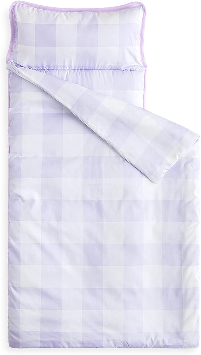 Wake In Cloud - Toddler Nap Mat with Pillow and Blanket, for Kids Boys Girls Ages 3 Plus in Kindergarten Daycare Preschool, Roll Up Sleeping Bag, Gingham Plaid Grid