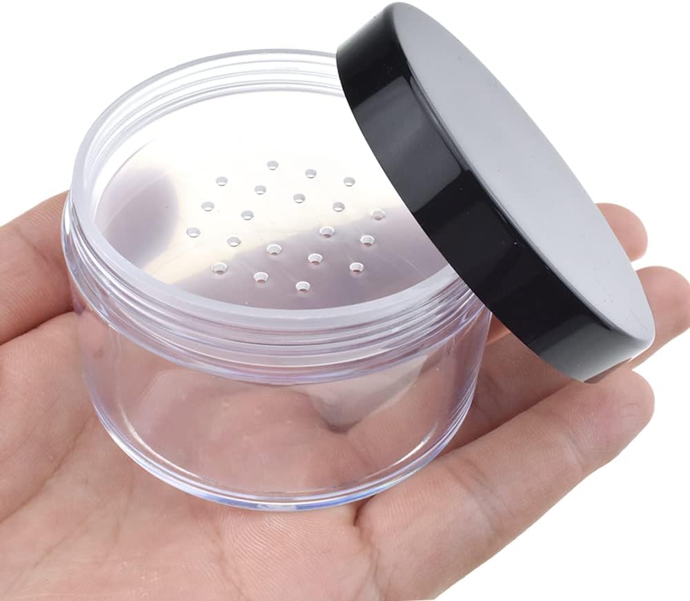 HAHIYO 2Pcs 50ml/1.69oz Plastic Empty Travel Powder Container Large Loose Powder Compact Case Makeup Cosmetic Jar Refillable Powder Box No Leak Powder Holder with Common Sifter and Black Screw Lid