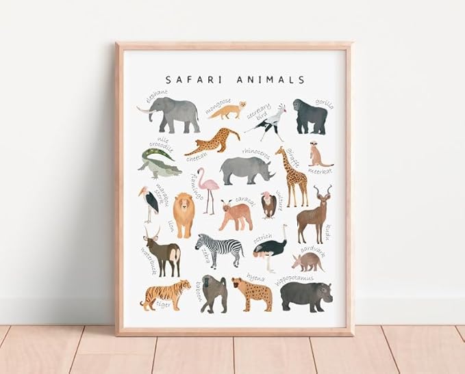 OZCONO Safari Animals Poster, Educational Jungle Chart for Kids, Playful Nursery Wall Decor, Montessori Learning, Homeschool Wildlife (Unframed) (9x11)