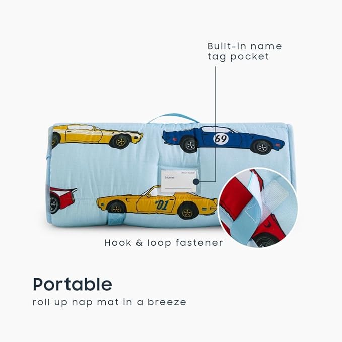 Wake In Cloud - Toddler Nap Mat with Pillow and Blanket, for Kids Boys Ages 3 Plus in Kindergarten Daycare Preschool, Roll Up Sleeping Bag, Race Cars Vehicles