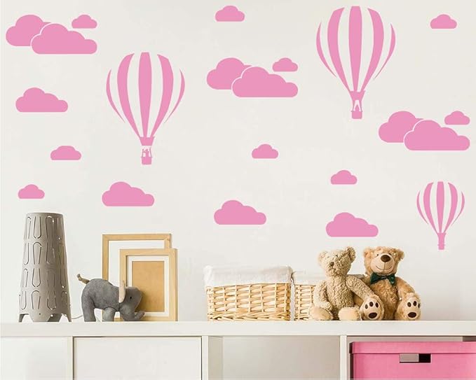 Giant Removable Vinyl 3D Hot air Balloons with Clouds Wall Decals DIY Wall Stickers Nursery Decor Kids Bedroom art Decoration Girls Rooms Decal Child Sticker Home Walls Decal (White) D952 (Light Pink)