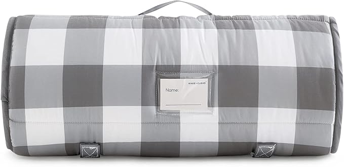 Wake In Cloud - Toddler Nap Mat with Pillow and Blanket, for Kids Boys Girls Ages 3 Plus in Kindergarten Daycare Preschool, Roll Up Sleeping Bag, Gingham Plaid Grid