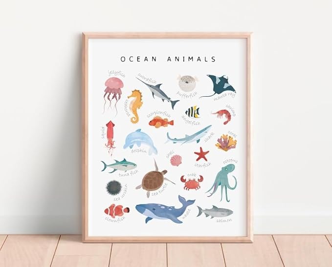 OZCONO Ocean Animals Learning Poster, Vibrant Sea Life Chart Kids, Preschool Wall Decor Art, Homeschool Education Guide (Unframed) (20x30)