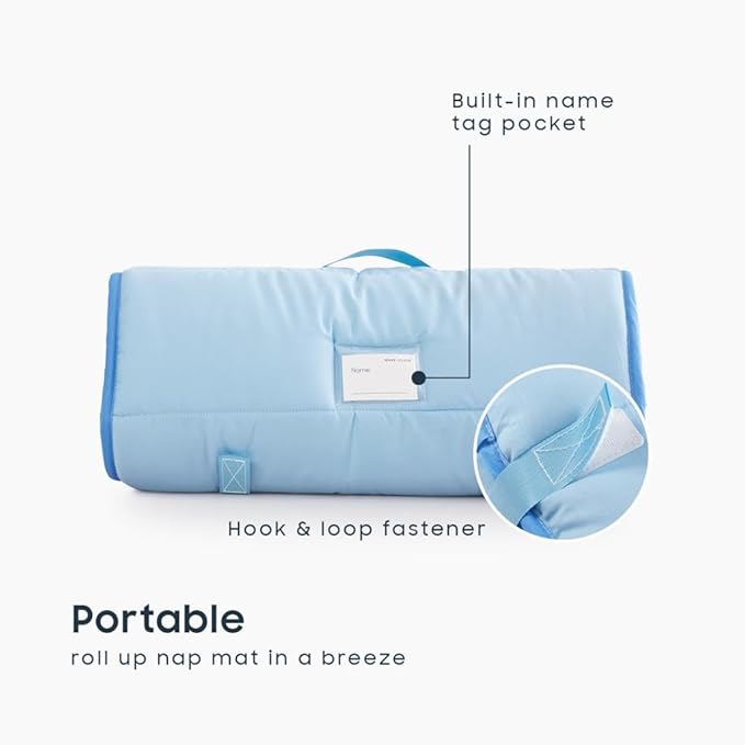 Wake In Cloud - Toddler Nap Mat with Pillow and Blanket, for Kids Boys Girls in Kindergarten Daycare Preschool Pre K, Roll Up Sleeping Bag, Solid Color, Light Blue, Standard