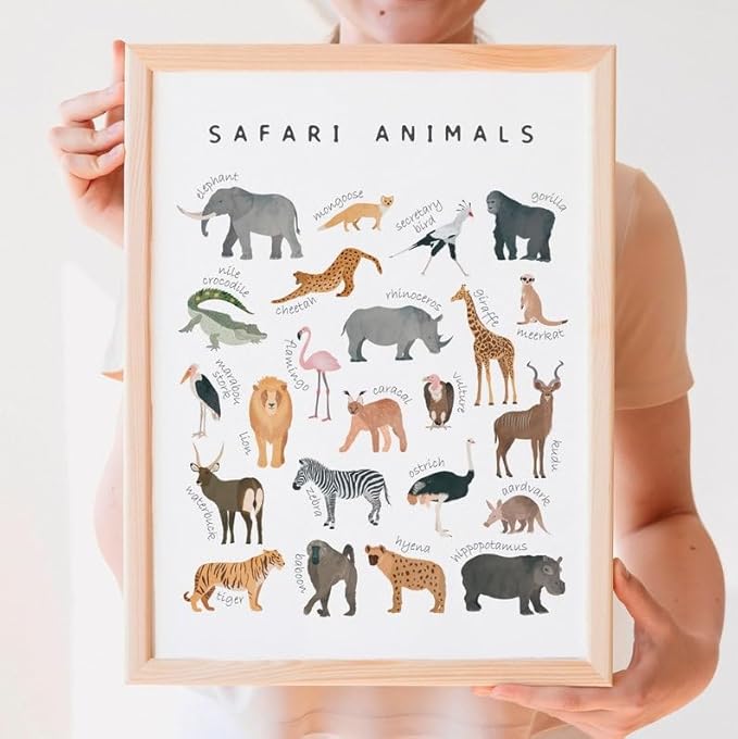OZCONO Safari Animals Poster, Educational Jungle Chart for Kids, Playful Nursery Wall Decor, Montessori Learning, Homeschool Wildlife (Unframed) (16x24)