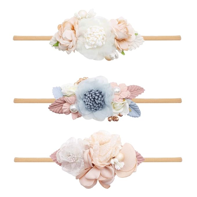cherrboll 3pcs Baby Girl Headbands Flowers, Super Soft & Stretchy Nylon Floral Hairbands for Newborn Toddler