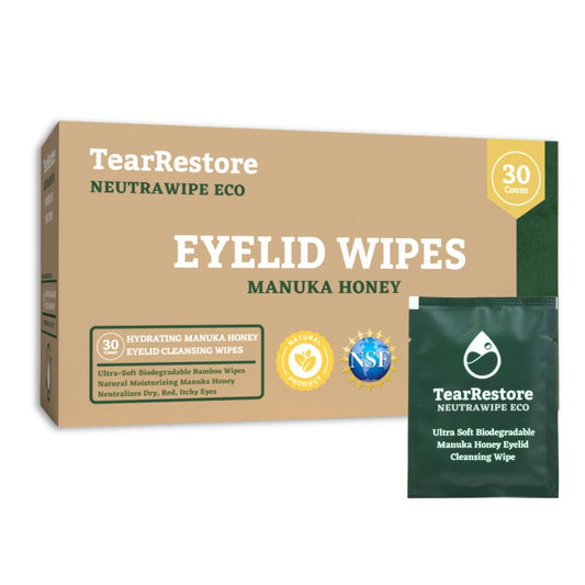 TearRestore NeutraWipe Eco Manuka Honey Eyelid Wipes | Ultra-Soft Biodegradable Eyelash Cleanser For Blepharitis & Dry, Itchy, Swollen, Irritated Eyes (30 Count)