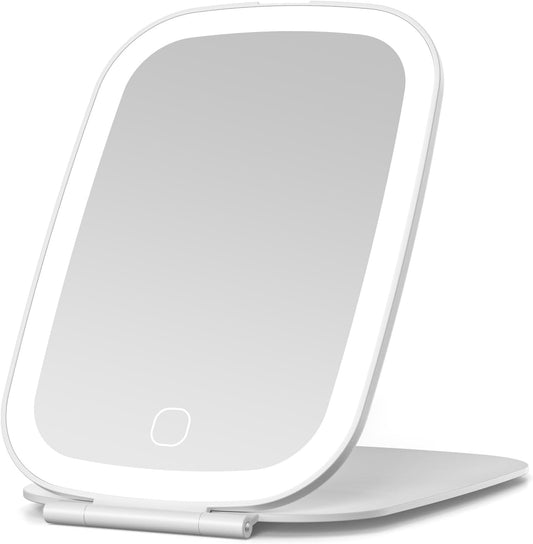 Travel Makeup Mirror, Rechargeable Portable Mirror with Lights, 3 Color Lighting, 7.5 inch Ultra Thin and Lightweight LED Folding Vanity Mirror