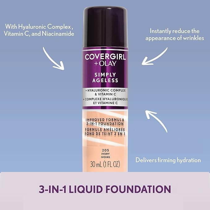 COVERGIRL & Olay Simply Ageless 3-in-1 Liquid Foundation, Matte Finish, Hyaluronic & Vitamin C Formula, 240 Natural Beige, 1 Count