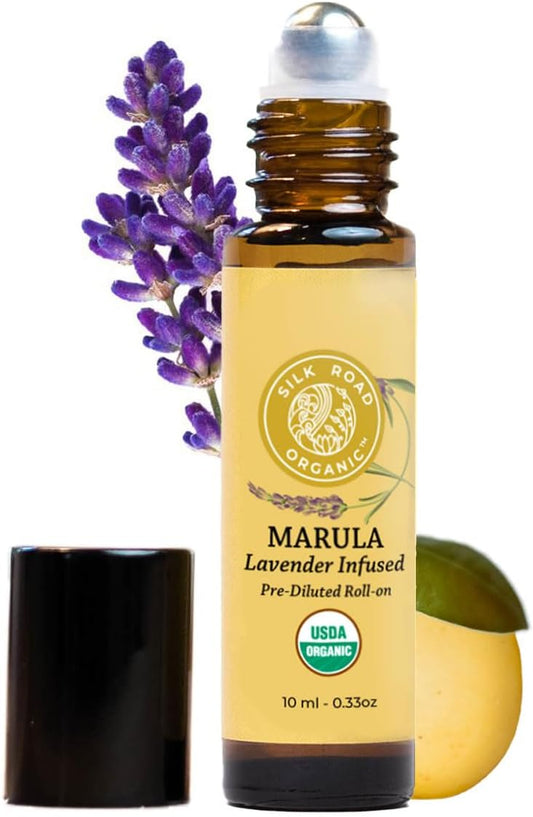 Silk Road Organic Marula Seed & Lavender Essential Oil, 100% Pure USDA Certified Aromatherapy, Deep Hydration for Face, Body, Lips, Hair, Nails - 10 ml Roller by Silk Road Organic