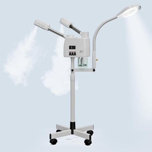 Paddie Professional 3 in 1 Facial Steamer on Wheels for Esthetician, Hot & Cold Mist, 5X LED Magnifying Lamp, White