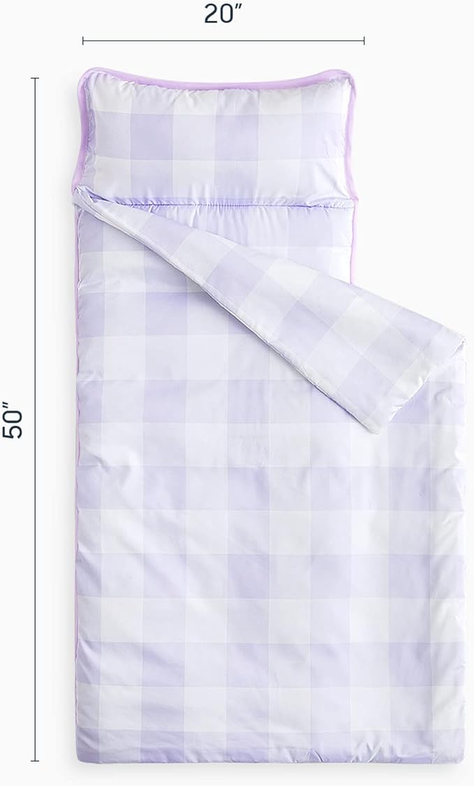 Wake In Cloud - Toddler Nap Mat with Pillow and Blanket, for Kids Boys Girls Ages 3 Plus in Kindergarten Daycare Preschool, Roll Up Sleeping Bag, Gingham Plaid Grid