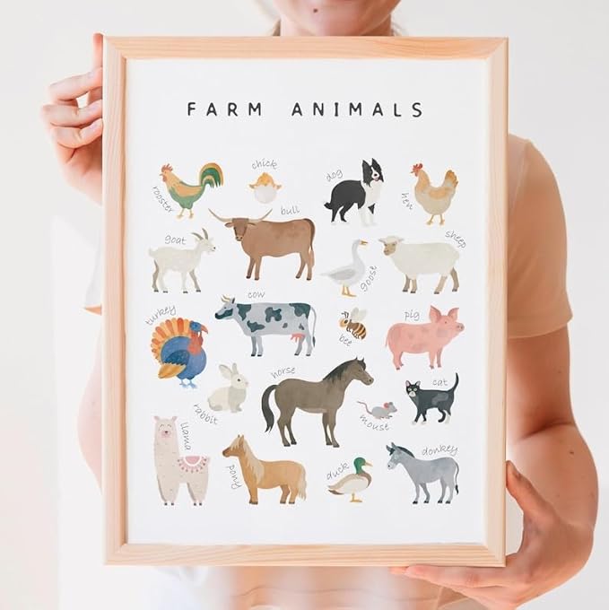 OZCONO Farm Animals Learning Poster, Vibrant Rural Wildlife Chart Kids, Playroom Wall Decor Art, Homeschool Education Guide (Unframed) (20x30)