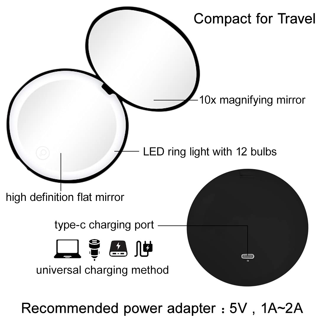 Compact Mirror with LED Light,1x/10x Magnifying Rechargeable Mirror,3.5in, Dimmable Travel Mirror for Purse,Pocket,Handheld 2-Sided Makeup Mirror