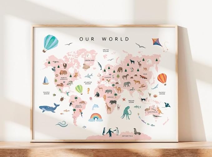OZCONO World Map Learning Poster, Colorful Animal Chart Kids, Preschool Wall Decor Art, Homeschool Education Guide (Unframed) (12x18)