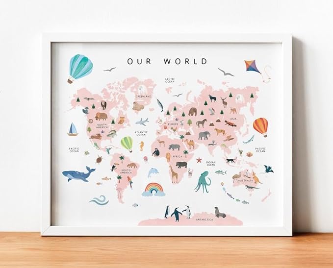 OZCONO World Map Learning Poster, Colorful Animal Chart Kids, Preschool Wall Decor Art, Homeschool Education Guide (Unframed) (12x18)