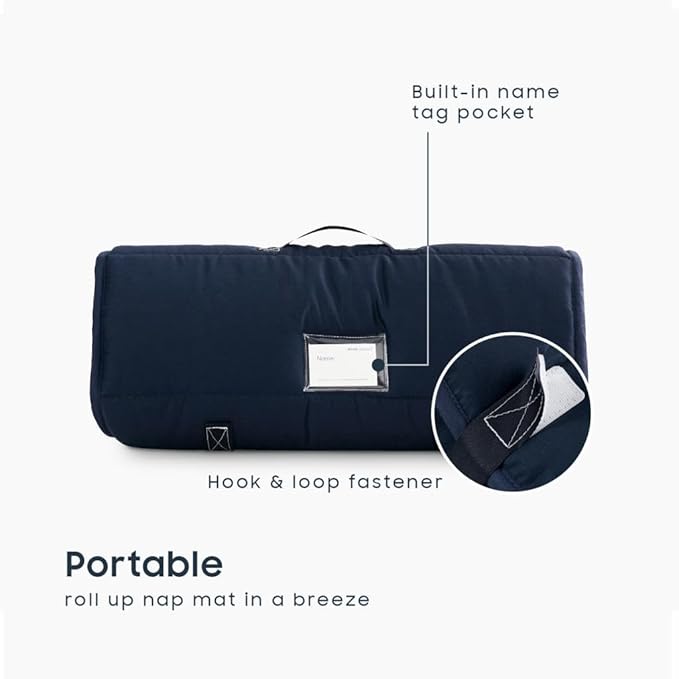 Wake In Cloud - Toddler Nap Mat with Pillow and Blanket, for Kids Boys Girls in Kindergarten Daycare Preschool Pre K, Roll Up Sleeping Bag, Solid Color, Navy Blue, Standard