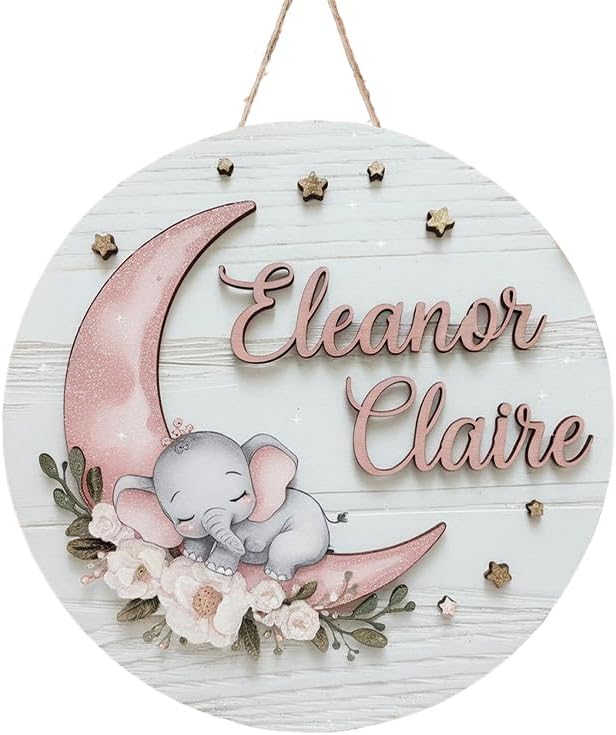 Personalized Wooden Name Signs for Nursery, Moon Elephant Sign for Baby Door Decor, Newborn Gifts for Girl, Girls Nursery Wall Bedroom Decorations, Mother's Day Gifts for New Mom Dad Gift