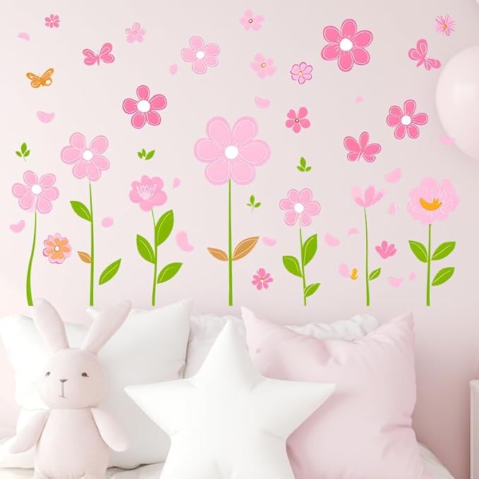 Pink Flower Wall Decals Butterfly Daisy Wall Stickers Floral Decor for Girls Bedroom Living Room Bedroom Wall Decor
