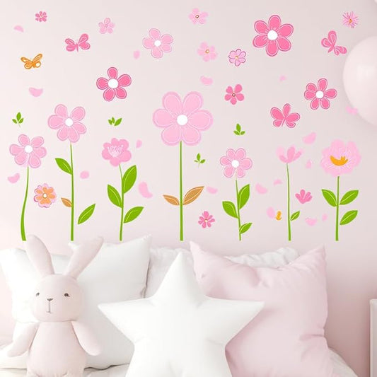 Pink Flower Wall Decals Butterfly Daisy Wall Stickers Floral Decor for Girls Bedroom Living Room Bedroom Wall Decor