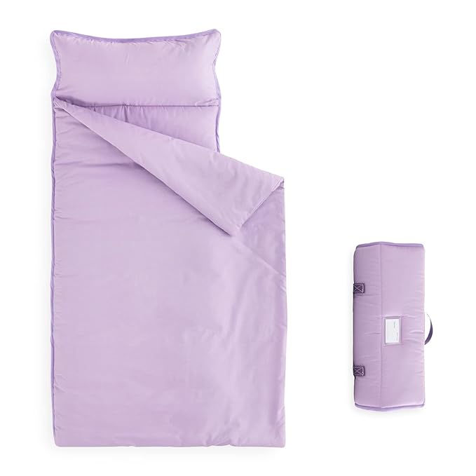 Wake In Cloud - Toddler Nap Mat with Pillow and Blanket, for Kids Boys Girls in Kindergarten Daycare Preschool Pre K, Roll Up Sleeping Bag, Solid Color, Lilac, Standard