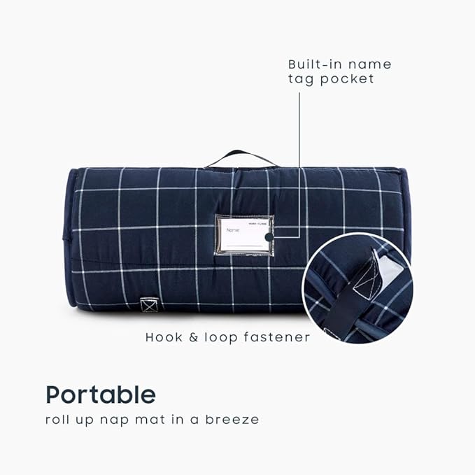Wake In Cloud - Toddler Nap Mat with Pillow and Blanket, for Kids Boys Ages 3 Plus in Kindergarten Daycare Preschool Pre K, Roll Up Sleeping Bag, Gingham Plaid Grid Checkered, Navy White, Standard