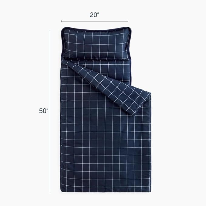 Wake In Cloud - Toddler Nap Mat with Pillow and Blanket, for Kids Boys Ages 3 Plus in Kindergarten Daycare Preschool Pre K, Roll Up Sleeping Bag, Gingham Plaid Grid Checkered, Navy White, Standard