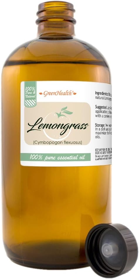 GreenHealth Lemongrass Essential Oil – 16 fl oz (473 ml) – 100% Pure & Uncut | Amber Glass Bottle for Aromatherapy, Cleaning, Candle Making & DIY Use