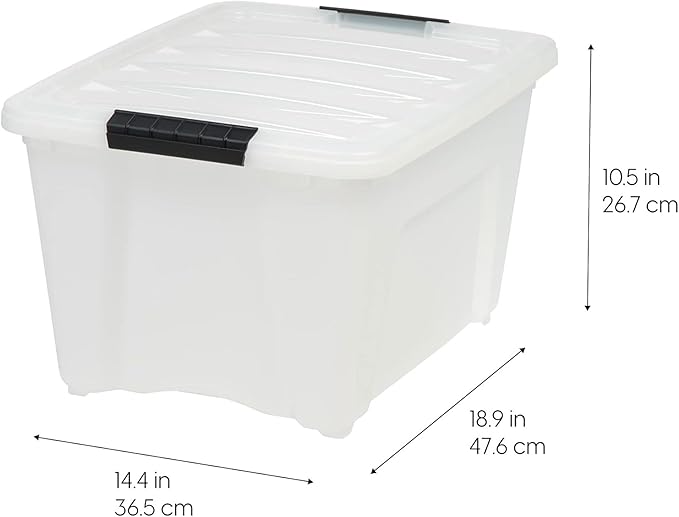 IRIS USA 32 Qt Stackable Plastic Storage Bins with Lids, 4 Pack - BPA-Free, Made in USA - Discreet Organizing Solution, Latches, Durable Nestable Containers, Secure Pull Handle - Pearl
