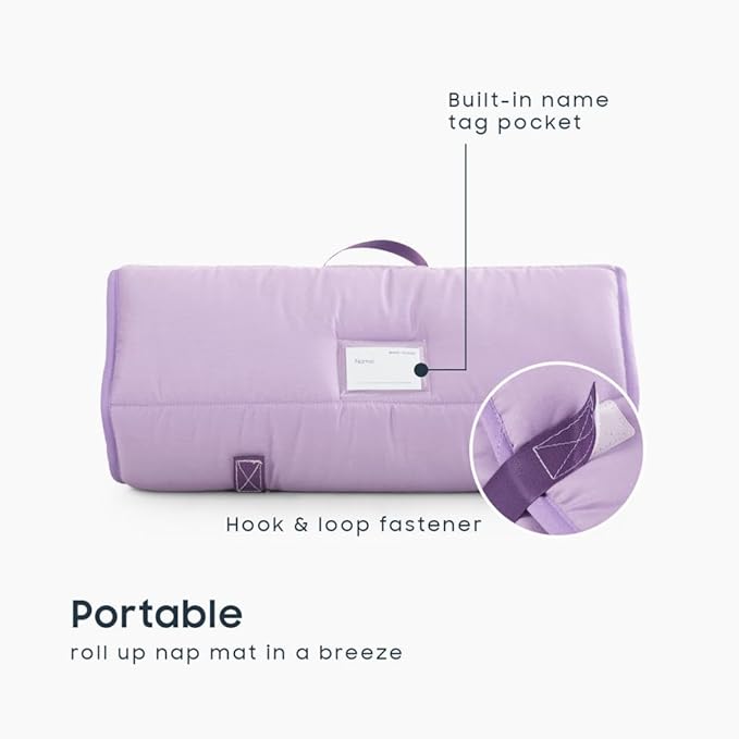 Wake In Cloud - Toddler Nap Mat with Pillow and Blanket, for Kids Boys Girls in Kindergarten Daycare Preschool Pre K, Roll Up Sleeping Bag, Solid Color, Lilac, Standard