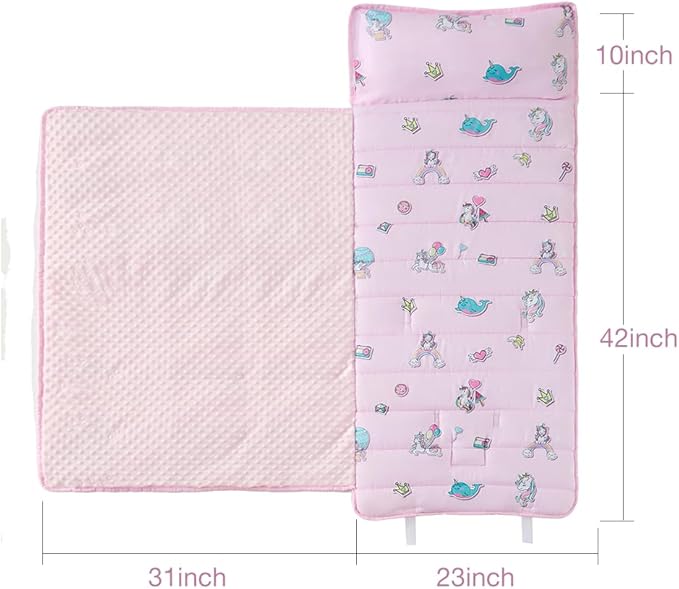 beeweed Toddler Nap Mat, Rollup Design Kid Sleeping Mat with Removable Pillow & Minky Blanket, Toddler Sleeping Bag for Daycare Preschool Travel Camping