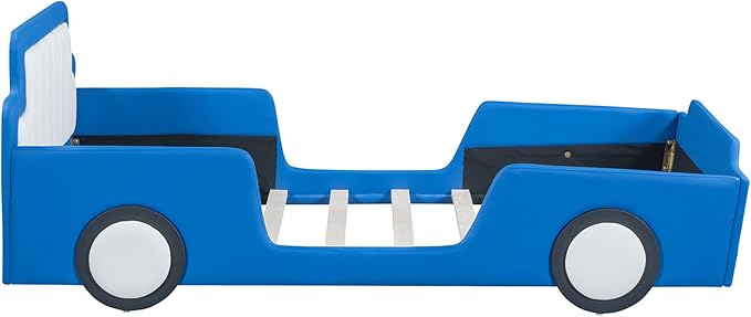 Merax Twin Race Car Platform Bed with Wheels,PU Leather Car Bed Frame for Boys Twin Size,Kids Bed Frame with Headboard,Fits Standard Twin Mattress(No Mattress)