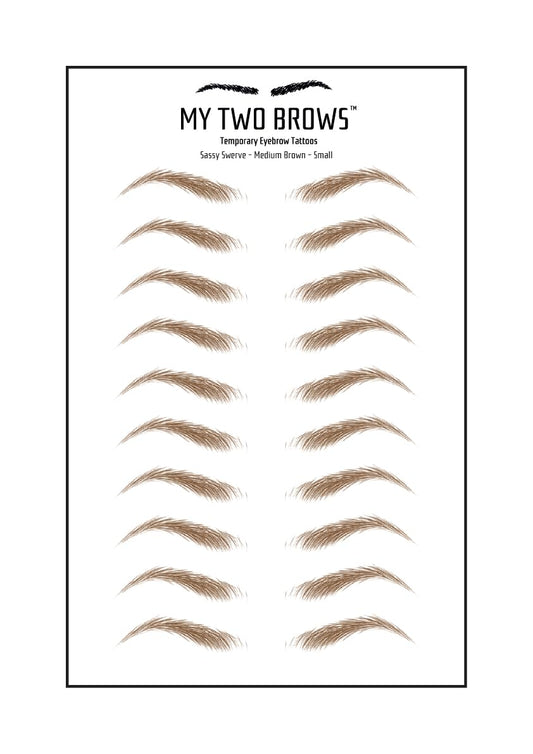 (10 pairs) Medium Brown Temporary Eyebrow Tattoo - Small Size - Waterproof & Smudgeproof - Sassy Swerve Style Eyebrow Stickers - Sheet Lasts up to 30 Days - Won't Work on Existing Brows