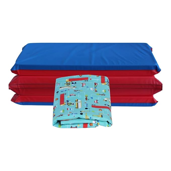 KinderMat 1.5" Thick + PBS Kids Kinderbundle - Washable Cover, Special Edition - Traffic JAM Design- Regular, Washable Sheet is 47" x 22", Value Bundle Great for Daycare & Family Households