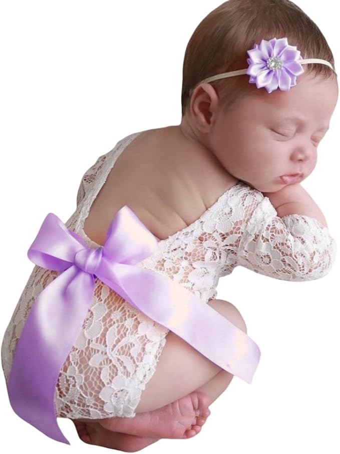 Newborn Girl Photography Outfits, Backless Lace Romper with Flower Headband Photo Props, Baby Girl Photoshoot Outfits