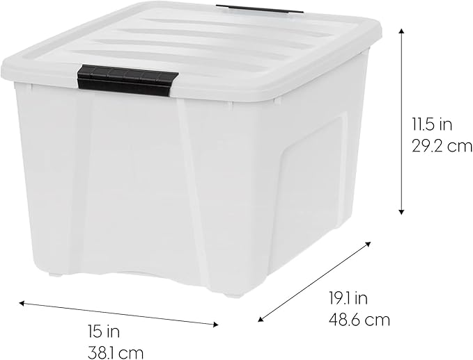 IRIS USA 40 Qt Stackable Plastic Storage Bins with Lids, 4 Pack - BPA-Free, Made in USA - Discreet Organizing Solution, Latches, Durable Nestable Containers, Secure Pull Handle - Pearl