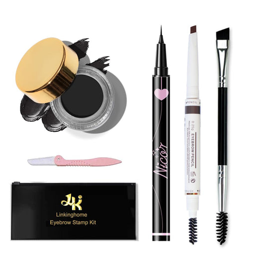 Upgraded Eyebrow Stamp Pencil Kit for Makeup, With Waterproof Pen, Black Eyeliner, Pomade, Specially Customized Blade Shaped Brush and Razor