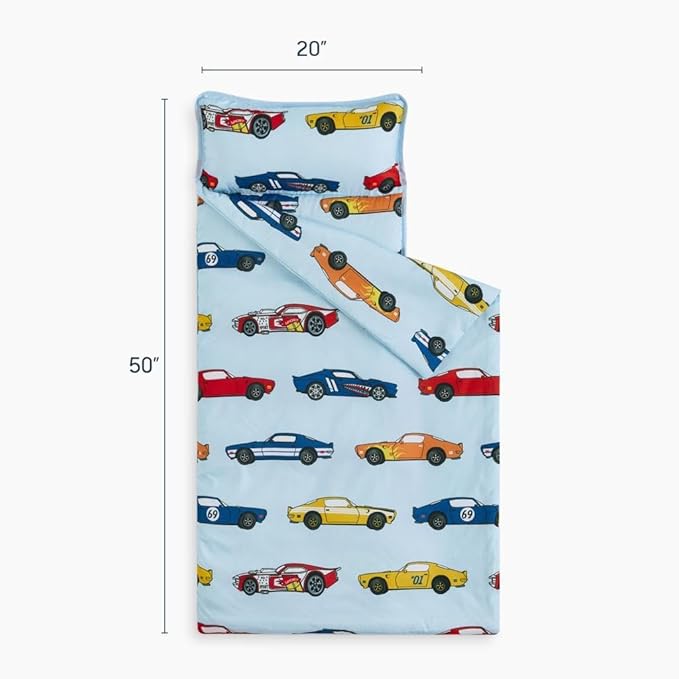 Wake In Cloud - Toddler Nap Mat with Pillow and Blanket, for Kids Boys Ages 3 Plus in Kindergarten Daycare Preschool, Roll Up Sleeping Bag, Race Cars Vehicles