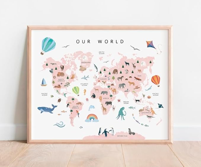 OZCONO World Map Learning Poster, Colorful Animal Chart Kids, Preschool Wall Decor Art, Homeschool Education Guide (Unframed) (11x14)