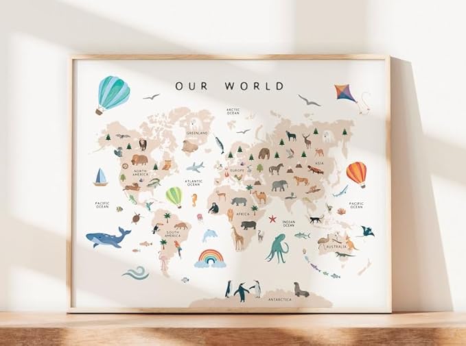 OZCONO Animal World Map Poster, Kids Educational Geography Decor, Safari Animals Nursery Art, Montessori Learning Wall Print (Unframed) (9x11)