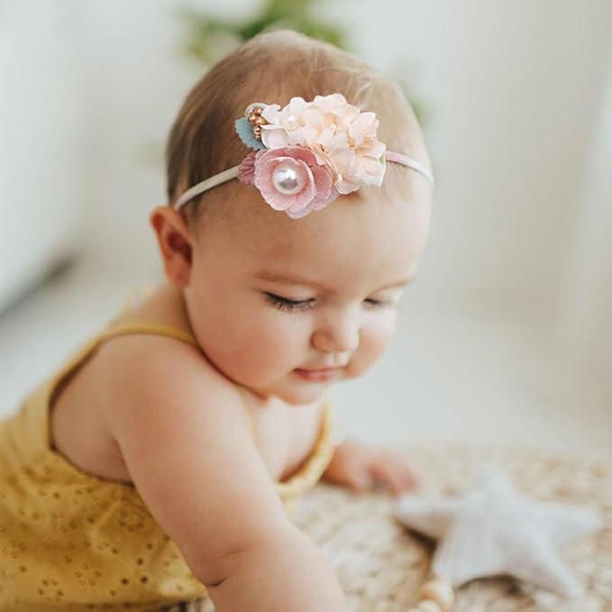 cherrboll 4pcs Baby Girl Headbands Flowers, Super Soft & Stretchy Nylon Floral Hairbands for Newborn Toddler
